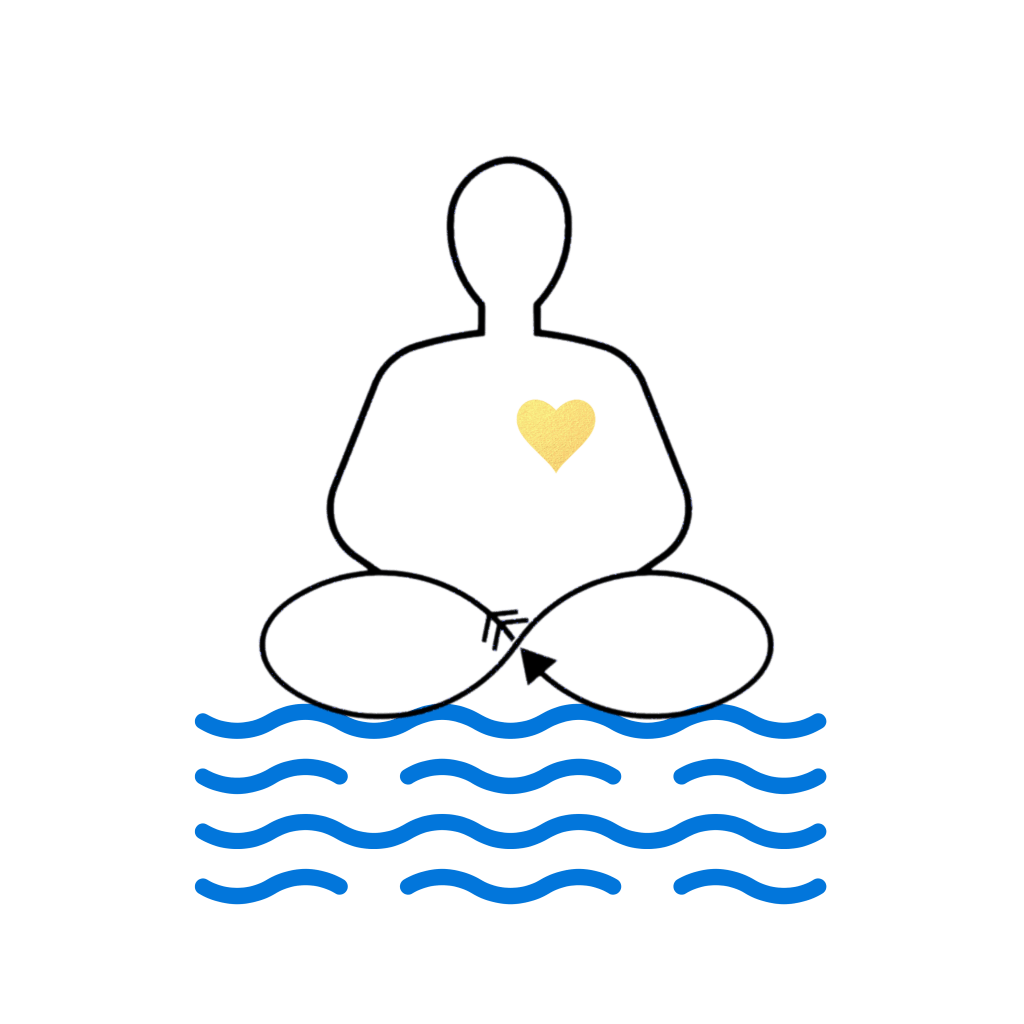 Outline of a person meditating with infinity symbol legs and a gold heart. Person is floating on water