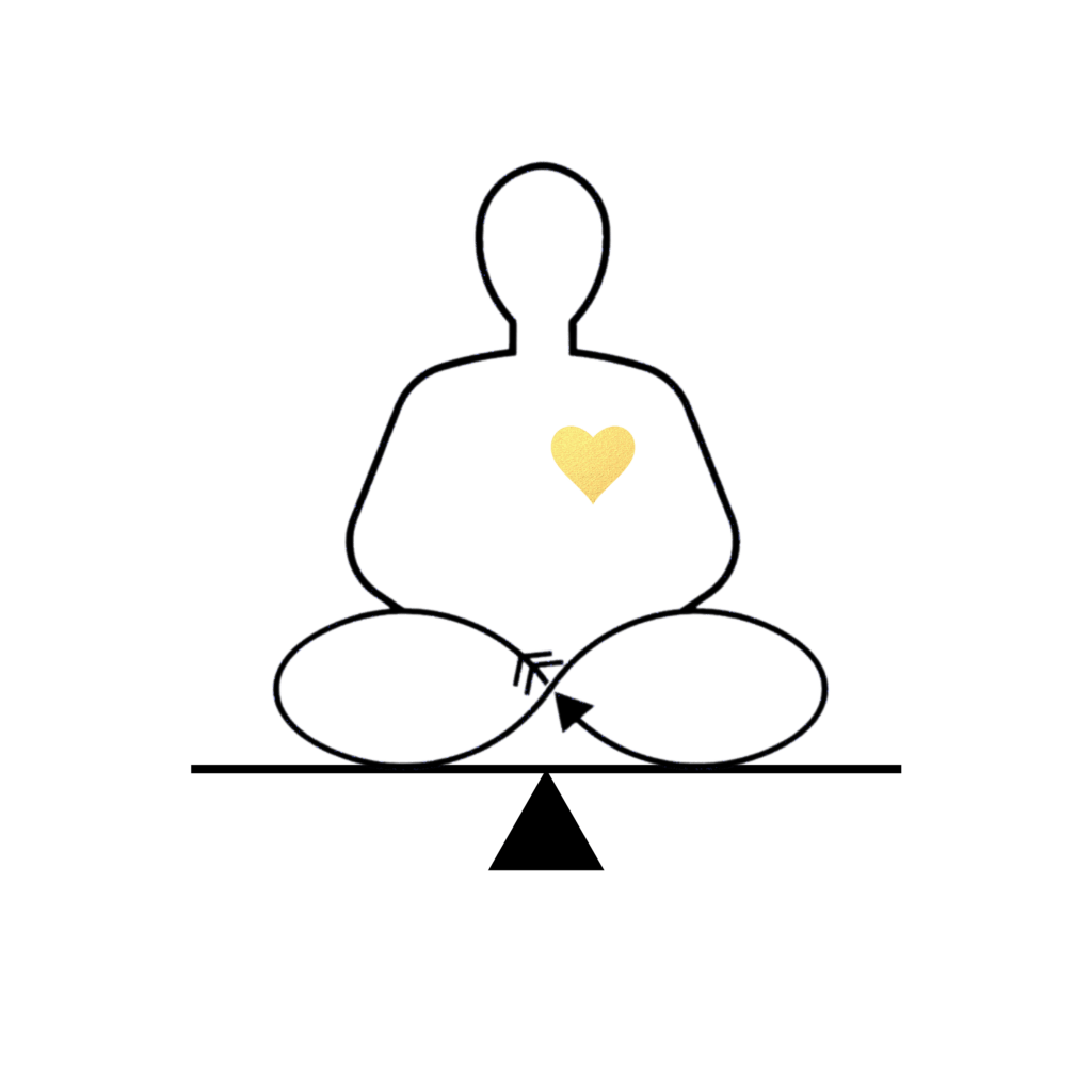 Outline of a person meditating with infinity symbol legs and a gold heart. Person is sitting perfectly balanced on a scale.
